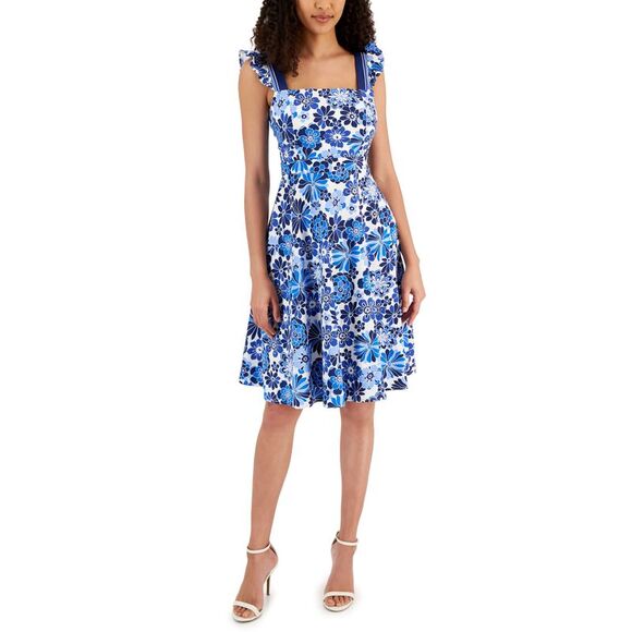 Tahari Asl Printed Peek A Boo Back Fit Flare Dress - Picture 1 of 1